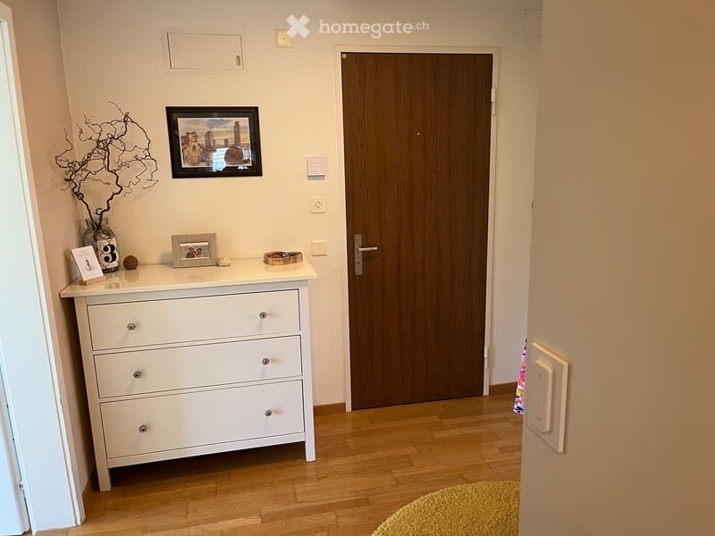 A hallway with a white dresser, picture frame, vase, and decorative ball on top. Wooden floor and a closed wooden door.