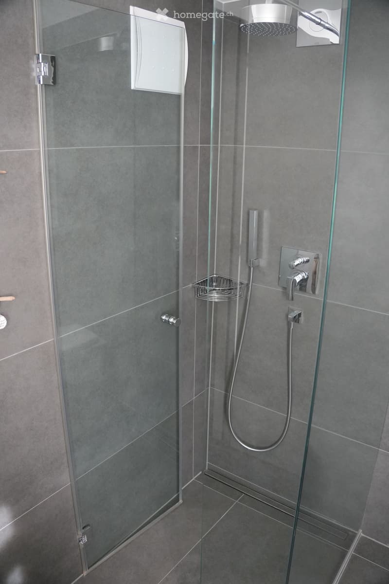 Modern shower area with grey tiled walls and floor, glass enclosure, handheld showerhead, and a small shelf for toiletries.