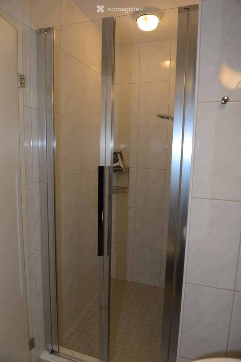 Modern bathroom with a glass-enclosed shower stall, beige tiles, and a built-in shelf inside the shower area.