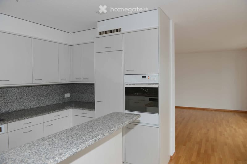 Modern kitchen with white cabinets, granite countertops, and built-in oven.