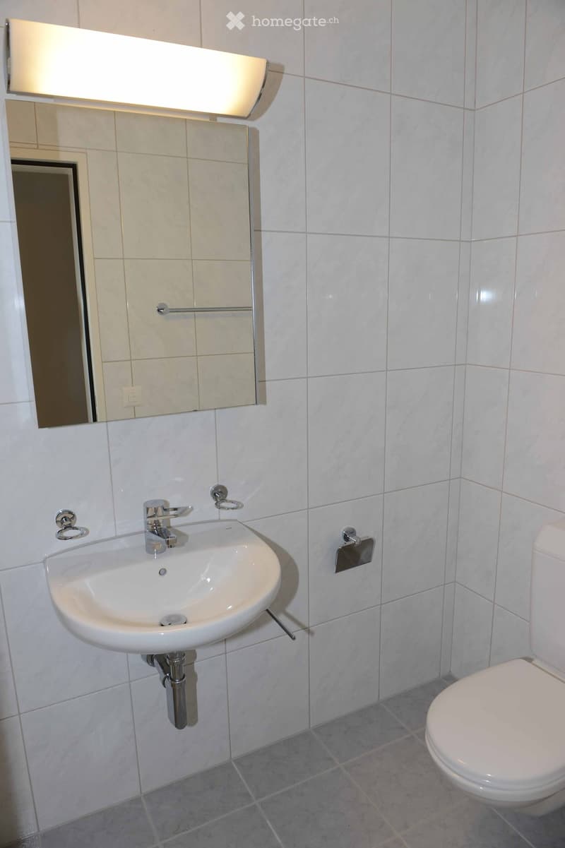Modern bathroom with white tiled walls, a white sink with a chrome faucet, a toilet, a large mirror with built-in lighting, and towel racks.