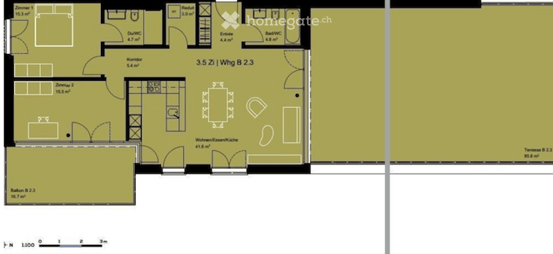 Floor plan of a 2-bedroom apartment with a living/dining area, kitchen, two bathrooms, and a balcony.