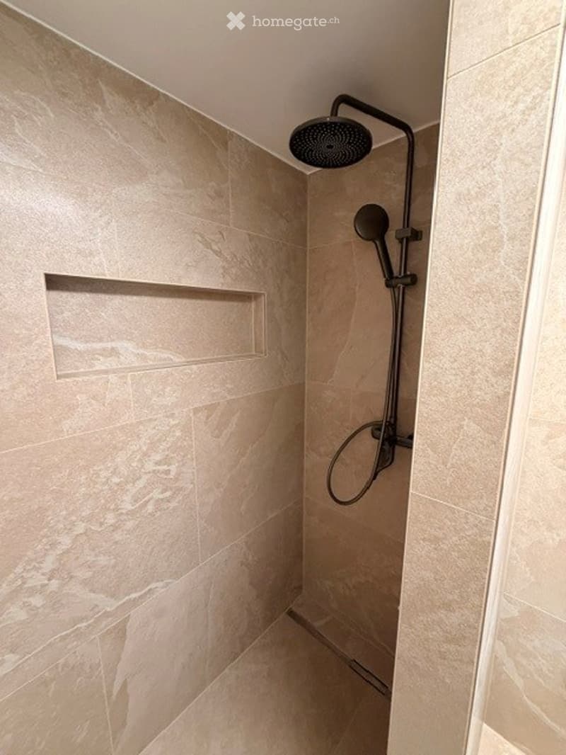 Modern shower area with beige marble tiles, a built-in shelf, and a handheld showerhead with hose.