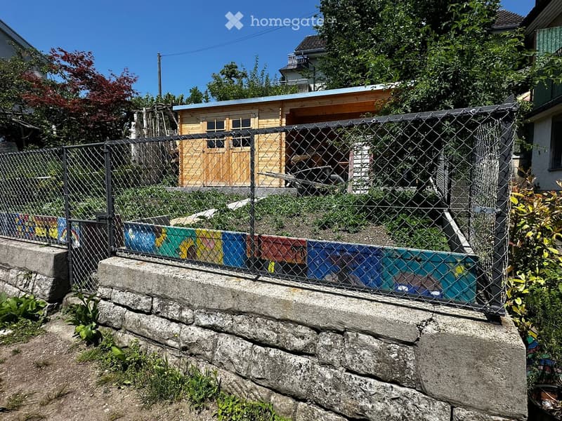 A fenced garden area with a raised stone platform, colorful painted containers, and a small wooden shed in the background.