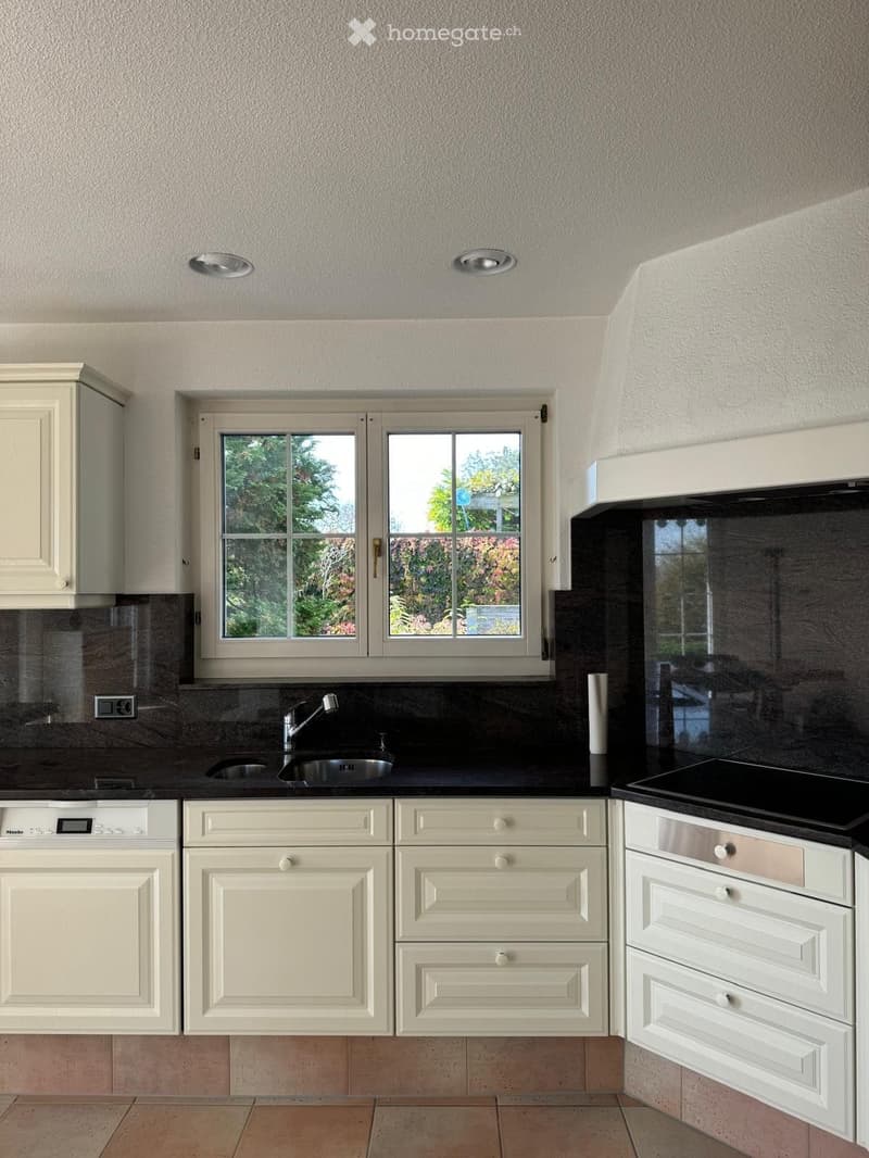 Modern kitchen with white cabinets, black countertops, stainless steel sink, and a dishwasher. Features a large window with a view of greenery.