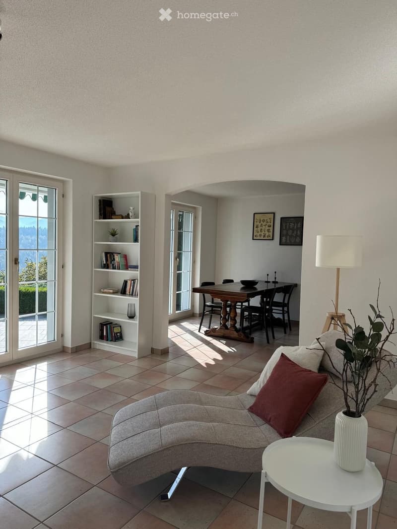 Bright living room with a grey sectional sofa, red throw pillow, white side table, bookshelf, and a dining area with a wooden table and chairs.