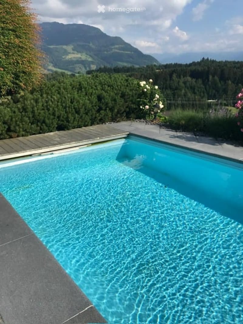 Private swimming pool with clear blue water, surrounded by a wooden deck, lush greenery, and a scenic mountain view in the background.