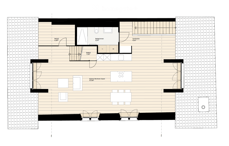Floor plan of a 2-room apartment with a kitchen/living/dining area, bedroom, and hallway.