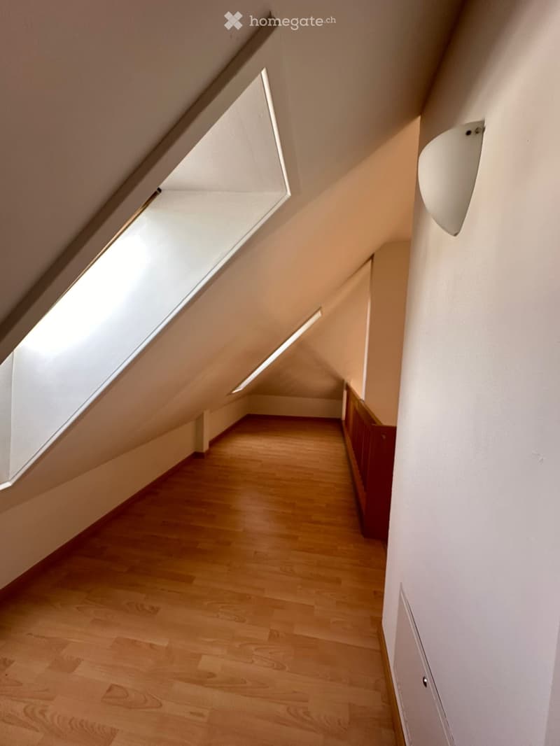 A narrow hallway with wooden flooring, white walls, and built-in storage cabinets on one side. The ceiling has skylights and recessed lighting.
