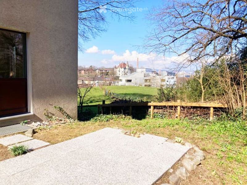 Garden area with gravel pathway, wooden fence, sparse vegetation, and distant view of buildings and landscape.