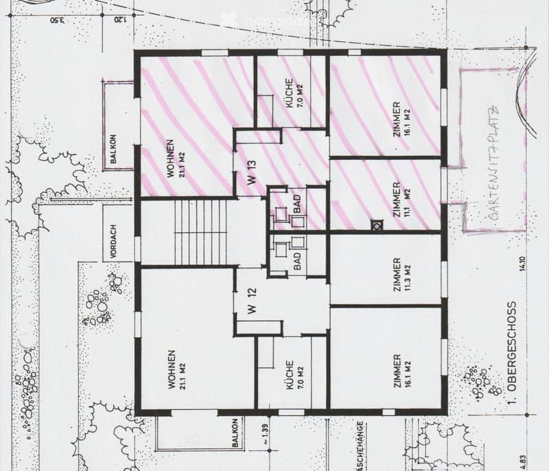 Floor plan of a 2-story house with living room, kitchen, 4 bedrooms, 2 bathrooms, and balcony.