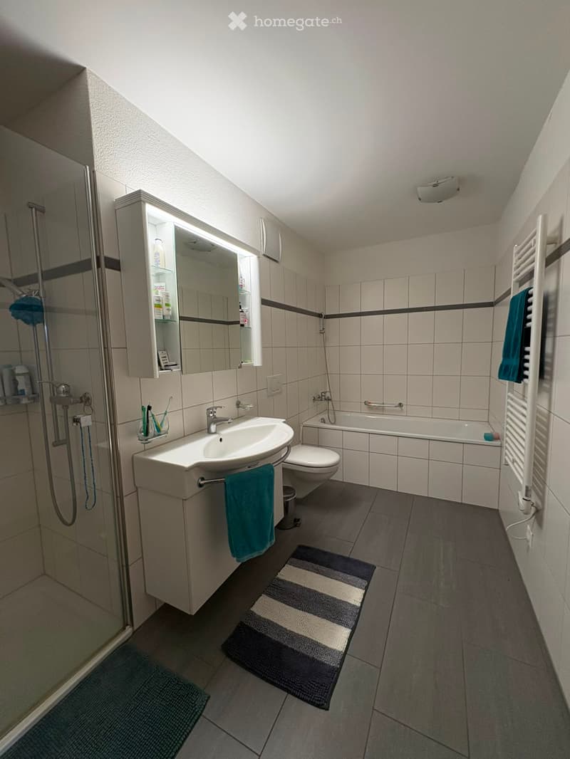Modern bathroom with a sink, toilet, bathtub, and shower area. Features a large mirror with built-in storage, a towel rack, and a striped bath mat on the floor.