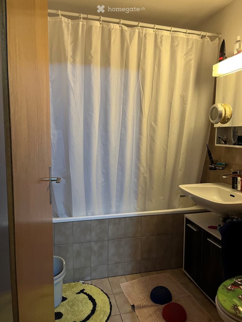 Bathroom with a white shower curtain, a sink with a faucet, a toilet with a green seat cover, a small cabinet, and two rugs on the floor.
