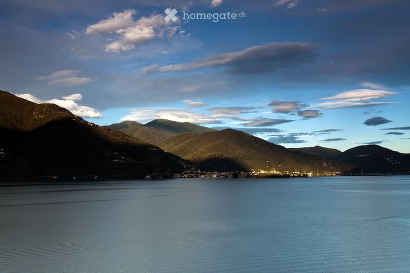 Lakefront property with mountains in the background
