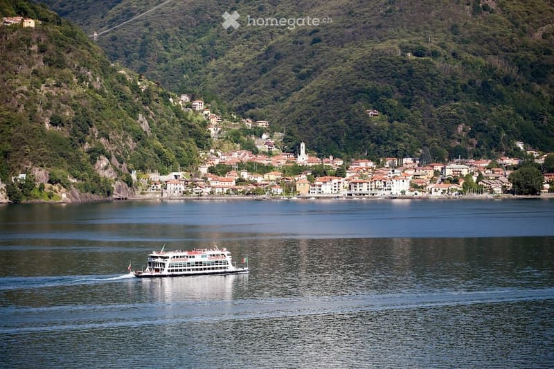 A ferry boat traveling on the water with mountains in the background.