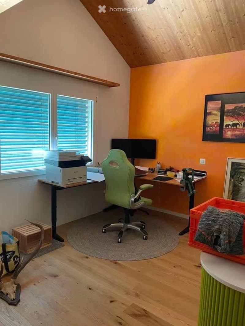 Bright, modern home office with wooden flooring, large windows with blinds, a green ergonomic chair, a desk with a computer monitor, printer, and various office supplies, and a round rug.
