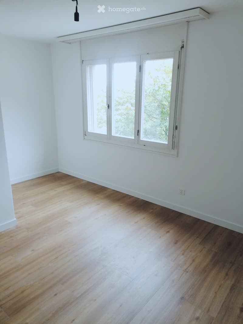 Empty room with light wooden flooring and white walls, featuring large sliding glass doors with a view of greenery outside.