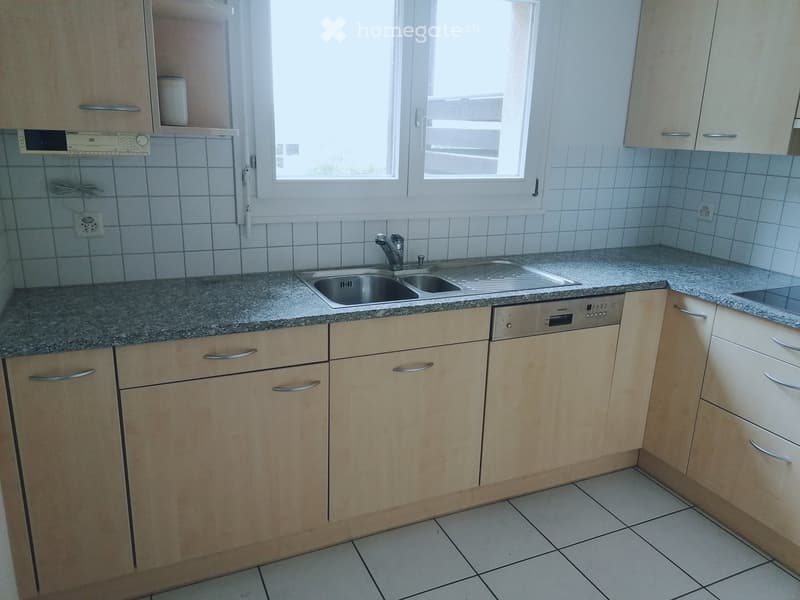 Modern kitchen with light wooden cabinets, granite countertop, double sink, and built-in dishwasher.