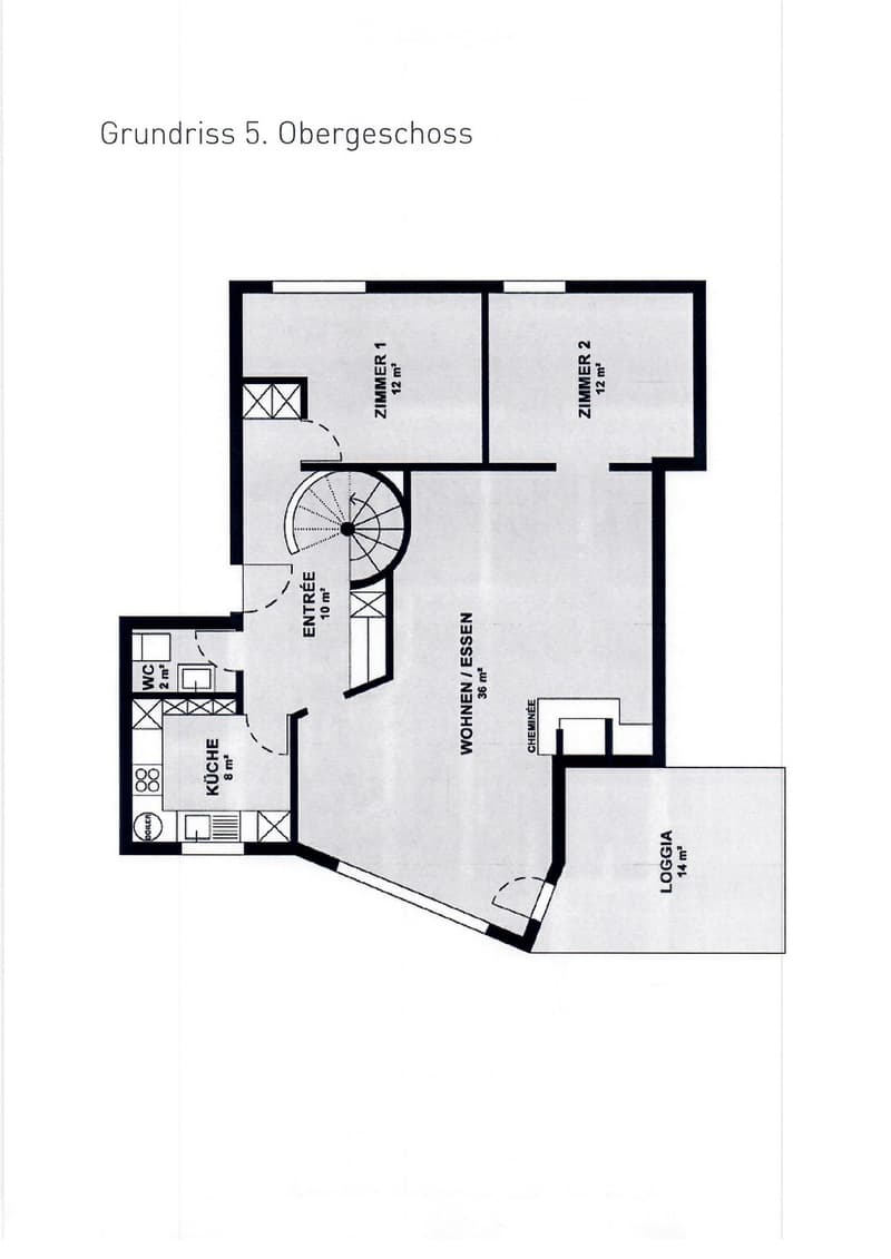 Floor plan of the upper floor showing a living/dining area, kitchen, two bedrooms, a WC, an entrance, a hallway, and a loggia.