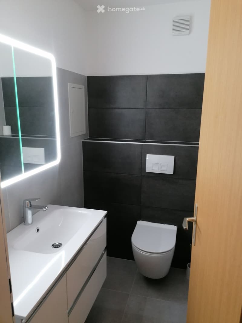 Modern bathroom with dark grey tiles, white sink, chrome faucet, toilet, and illuminated mirror.
