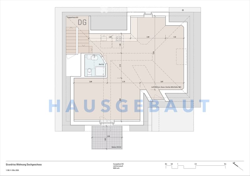 Floor plan of a top-floor apartment featuring a living area, kitchen, bedroom, bathroom, and balcony.