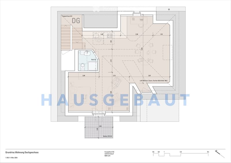 Floor plan of a roof-level apartment featuring a living, dining, kitchen, and bedroom area, a bathroom, a balcony, and a staircase leading to the ground floor.