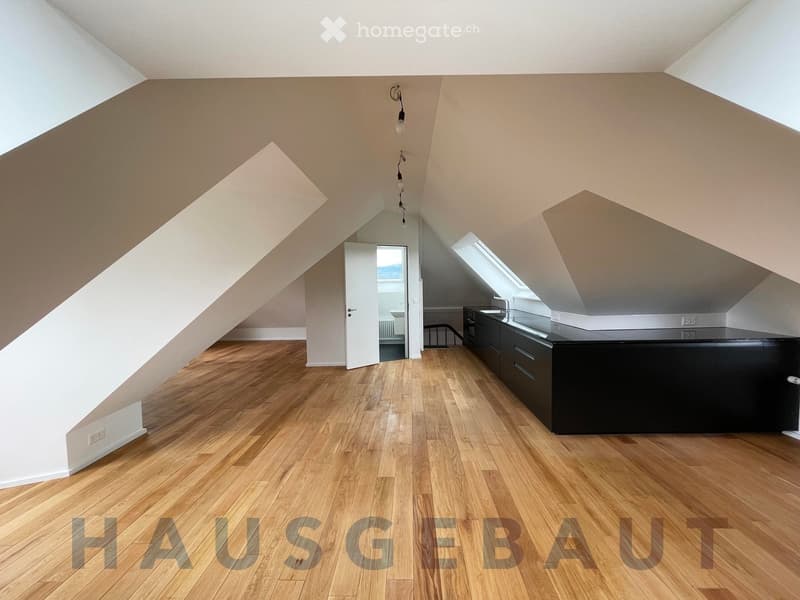 Empty attic room with wooden flooring, slanted ceilings, and built-in cabinets. Features a doorway leading to another room and a skylight window.
