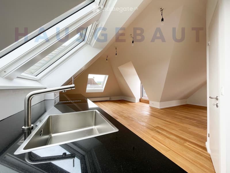An empty attic room with wooden flooring, exposed beams, and skylights. The room features a modern stainless steel sink and faucet, but no other furniture or furnishings are present.