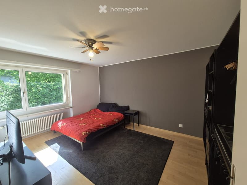 Modern bedroom with a bed, red duvet, nightstand, TV screen, wardrobe, and a dark rug on wooden flooring.