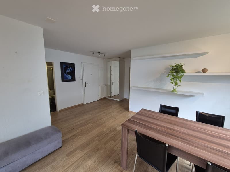 A modern, unfurnished room with wooden flooring, white walls, a grey sofa, a wooden dining table with black chairs, a shelf with a plant, and a framed picture on the wall.