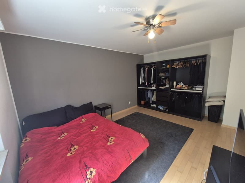 Modern bedroom with a red duvet-covered bed, nightstand, large wardrobe, and dark area rug on wooden flooring.