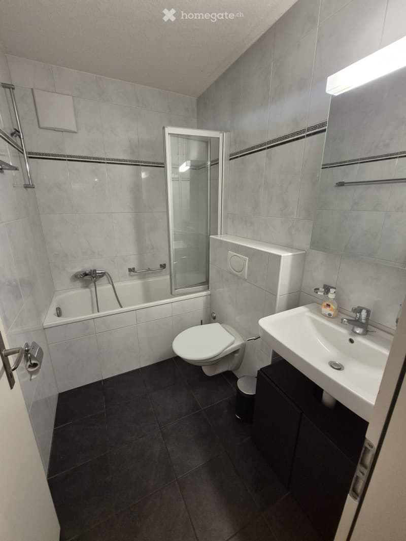 Modern bathroom with a white toilet, sink, bathtub, and shower. Features grey tiles, a black floor, and a mirrored shower enclosure.