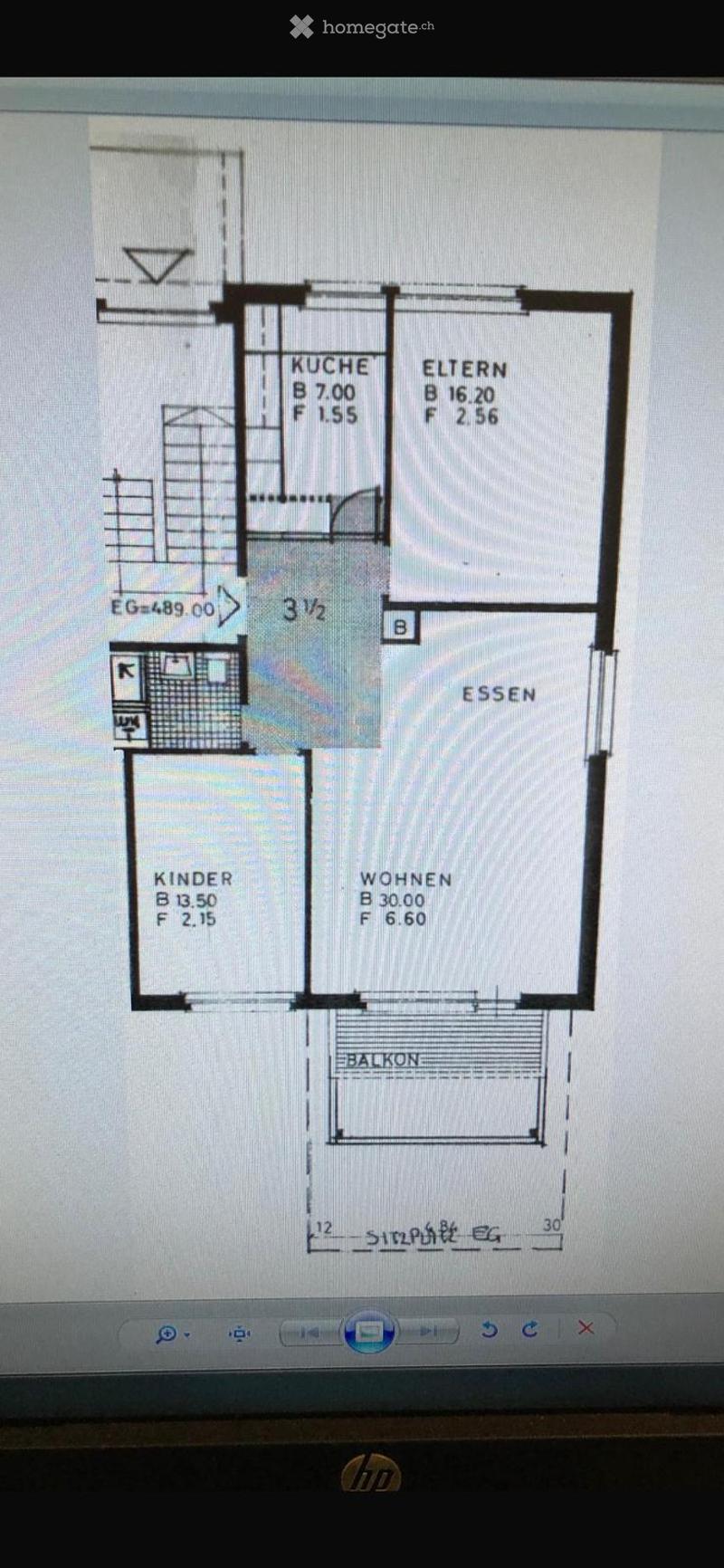 Floor plan showing kitchen, living room, dining area, bedroom, children's room, and balcony.