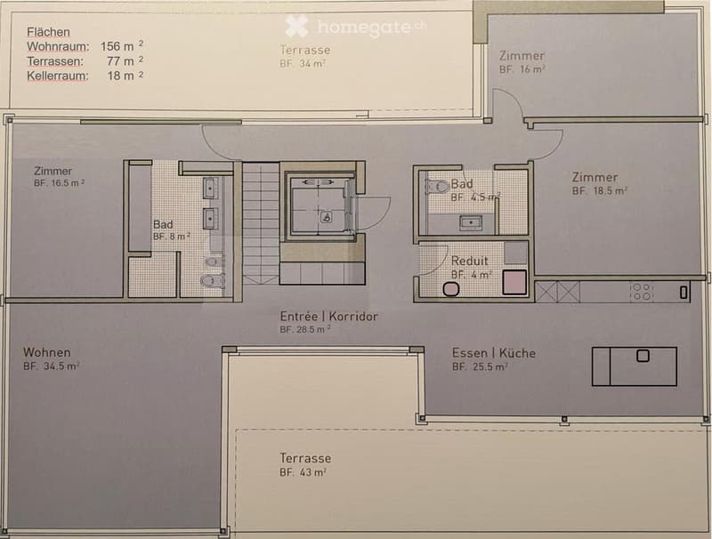 Floor plan showing living area, kitchen, 3 bedrooms, 2 bathrooms, hallway, and two terraces.