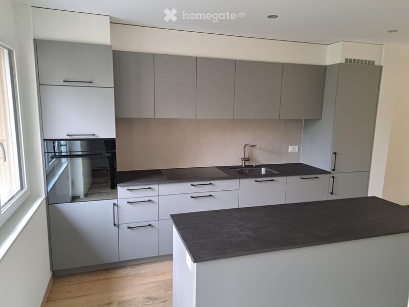 Modern kitchen with grey and white cabinets, black countertop, stainless steel sink, and built-in oven.