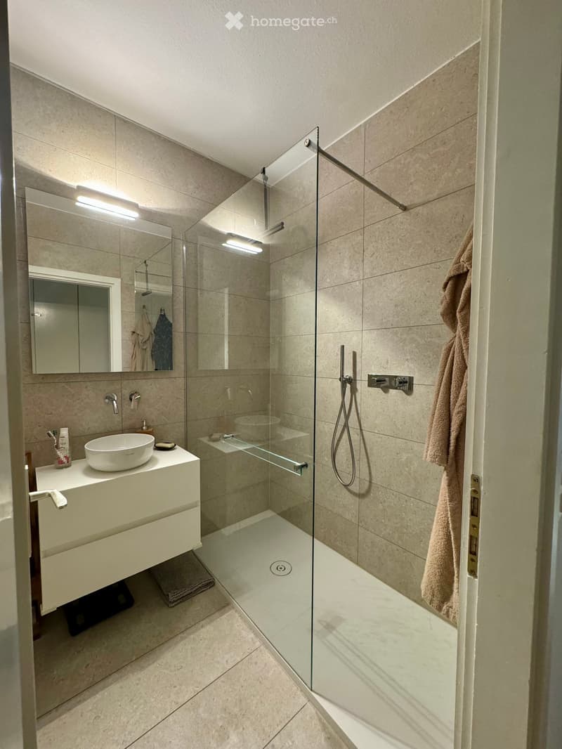 Modern bathroom with a white sink, large mirror, glass-enclosed shower, and a towel hanging on the door.