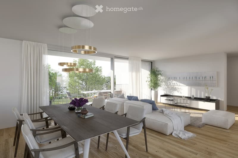 Modern living and dining area with a sofa, ottoman, coffee table, dining table, chairs, and decorative vases. Large windows with white curtains and a view of a balcony.