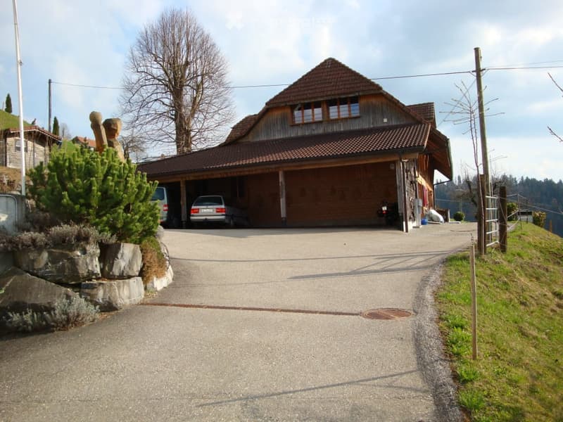 Two-story wooden house with a garage, driveway, and surrounding greenery.