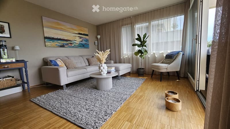 Modern living room with a grey sofa, coffee table, armchair, large windows with sheer curtains, and a potted plant. The room features a wooden floor, a grey rug, and decorative items including a picture frame and a shelf.