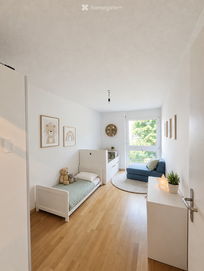 Cozy children's bedroom with a small bed, a blue sofa, a nightstand, a potted plant, framed pictures, and a shelf with books and toys.