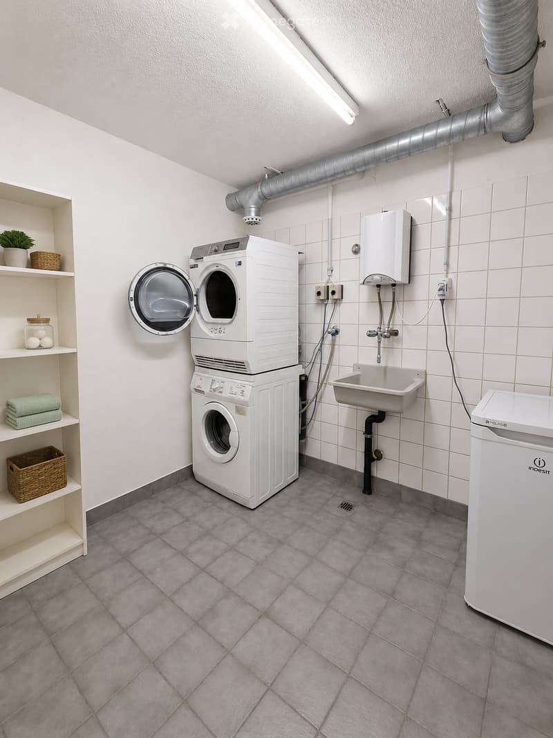 Modern bathroom with tiled floor and walls, featuring a stacked washing machine and dryer, a sink, and a shelf with towels, a plant, and baskets.