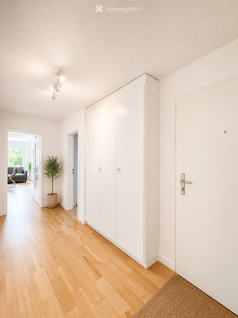 Bright, minimalist hallway with light wooden flooring, white walls, built-in white closet, and a small potted plant near the entrance.