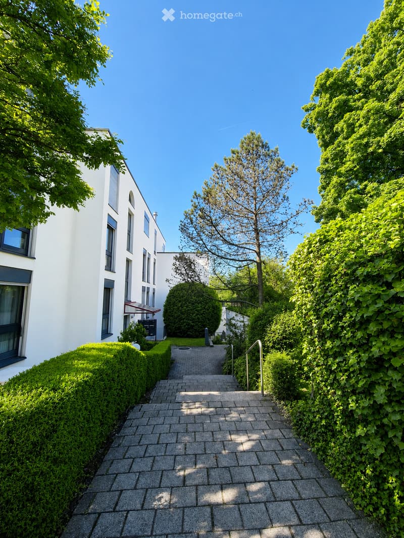 A paved pathway leads up to a modern white building, flanked by neatly trimmed hedges and trees, with a clear blue sky overhead.