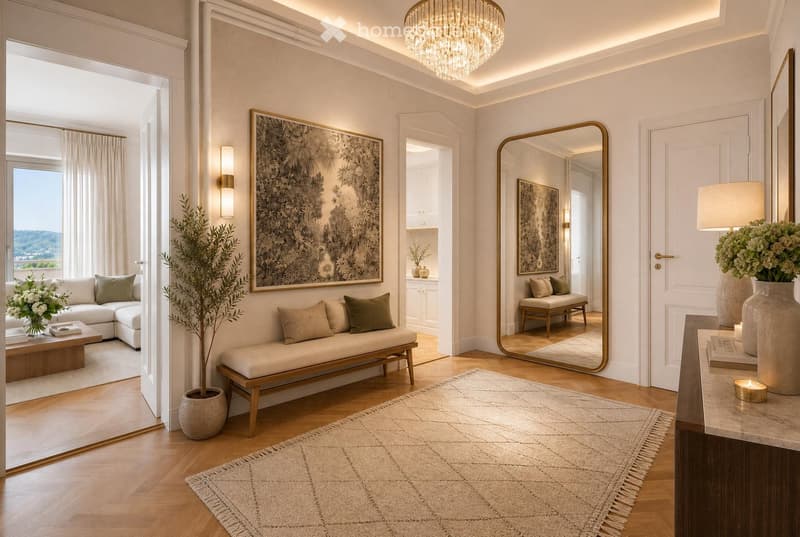 Elegant living room with a large mirror, a sofa, a coffee table, a bench, and decorative vases. The room features a chandelier, a large window with a view, and a potted plant.