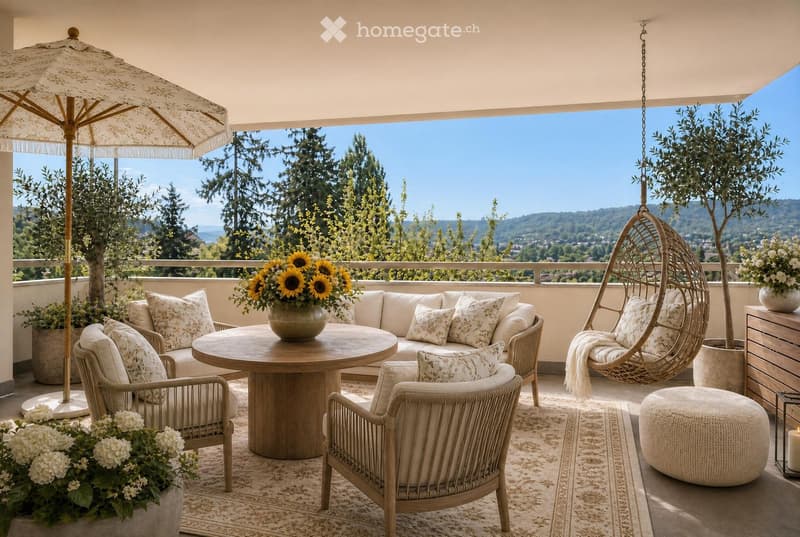 A spacious balcony with a scenic view, featuring a sofa, round wooden table, wicker hanging chair, ottoman, and decorative pillows.