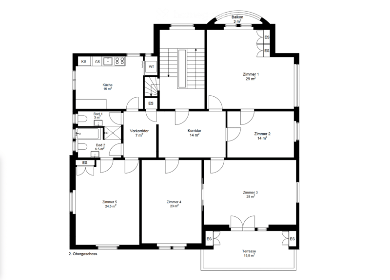 Floor plan of a 2nd floor showing5 bedrooms, 2 bathrooms, kitchen, hallway, and balcony.