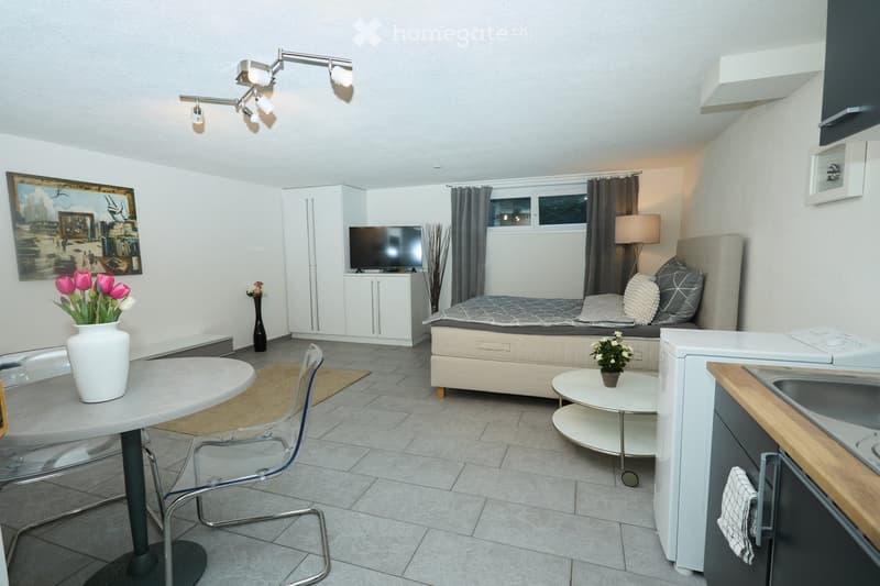 A modern, compact studio apartment with a bed, a small table and chairs, a refrigerator, a sink, and decorative items including vases and a picture frame.
