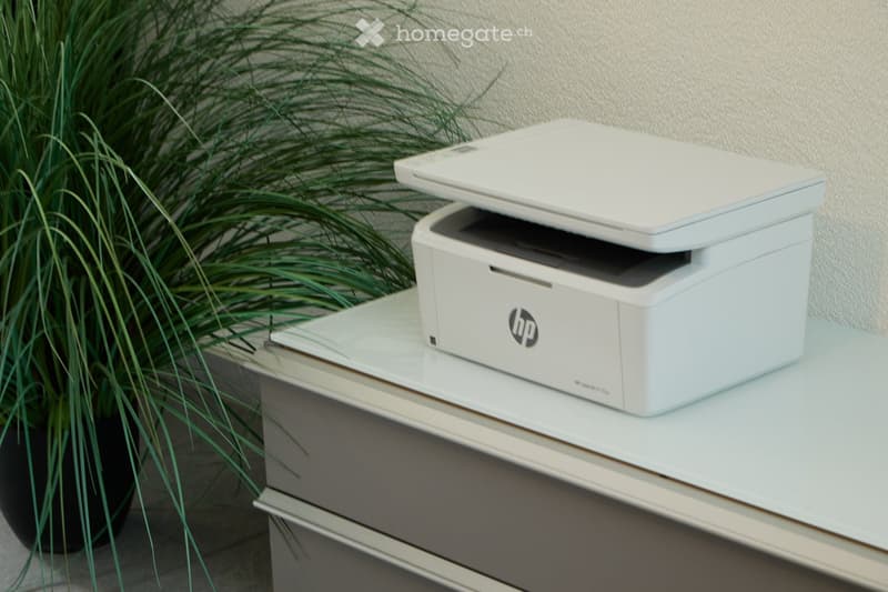 A white HP printer sits on a light-colored table next to a leafy green plant in a pot.