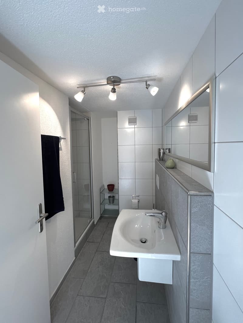 A modern and minimalist bathroom with a glass shower, white walls, white sink, and silver faucet. Mounted lights and mirror.