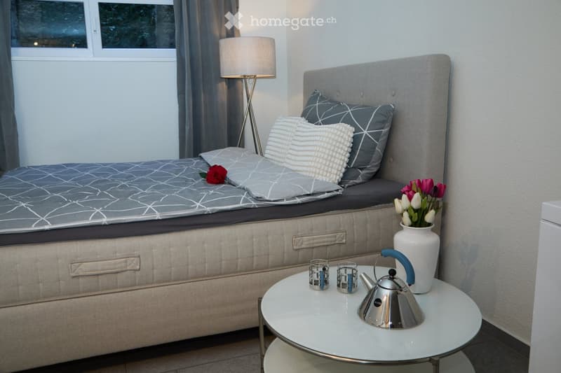 A modern bedroom with a neatly made bed, decorative pillows, a grey blanket, a bedside table with a teapot, glasses, and a vase of flowers, and a floor lamp next to the window.